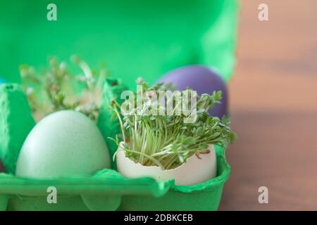 Schöne Dekoration östlichsten Korb mit bemalten Eierschalen für die Feier. Schönes traditionelles Geschenkdesign auf Holzhintergrund. Stockfoto