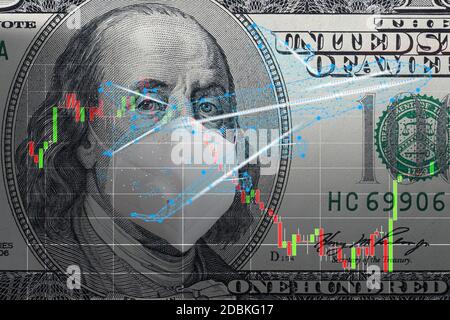 COVID-19 Auswirkungen auf das Geschäft, Dollar-Geld und Grafik des Börsencrashs während der Coronavirus-Pandemie. Die Weltwirtschaft trifft auf das neue Corona-Virus Stockfoto