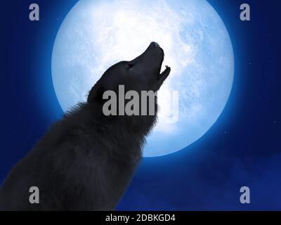 3D-Rendering eines schwarzen Wolfs oder Werwolf mit glühenden roten Augen heulend auf den großen Mond. Sterne am Nachthimmel, Nebel auf dem Boden. Stockfoto