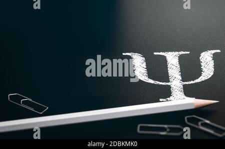 3d-Illustration eines weißen PSI-Buchstabens, Symbol für Psychologie oder Psychiatrie, geschrieben auf schwarzem Hintergrund. Griechisches Alphabet. Stockfoto