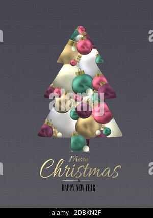 Abstraktes 3D Weihnachtsdesign mit Weihnachtskugeln realistische Kugeln, in Form von Weihnachtsbaum auf dunkelgrauem Hintergrund. Goldener Text Frohe Weihnachten Frohes Neues Jahr, 3D-Rendering Stockfoto