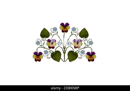 Muster zur Stickerei von zarten Strauß Zweige mit Stiefmütterchen von lila-orange Blütenblätter, blaue Blumen und Blätter auf weißem Hintergrund Stockfoto