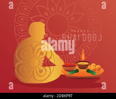 Happy bhai dooj Feier Karte mit Silhouette Mann und Kerze Und Lebensmittel Vektor Illustration Design Stock Vektor