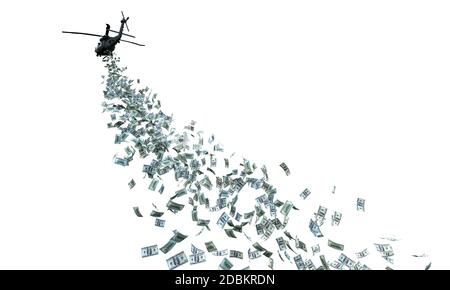 Hubschrauber, der Geld verteilt Dollar isoliert auf weiß. 3d Rendering. Niemand um. Hubschrauber Geld Konzept Stockfoto