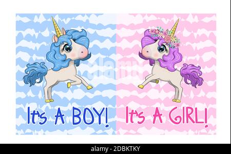 Baby Dusche Grußkarte mit niedlichen Cartoon Einhorn Mädchen und Junge Stock Vektor