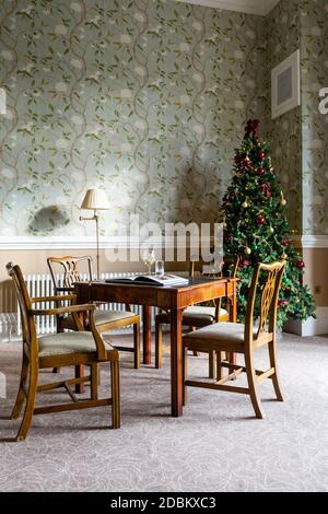 Ein schöner traditioneller Weihnachtsbaum befindet sich in der Ecke eines Esszimmers mit Vintage-Stühlen und Tisch. Gut für ein Buchcover. Stockfoto