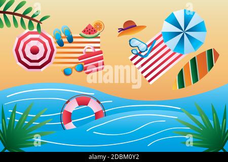 hallo Sommersaison mit Sonnenschirmen und Handtüchern am Strand vektorgrafik Design Stock Vektor