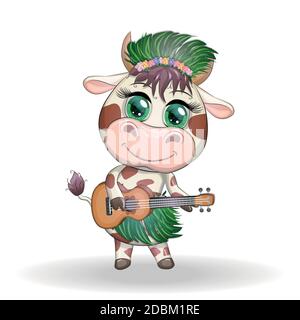 Niedlicher Cartoon-Stier, Kuh mit schönen Augen, hawaiianische Hula-Tänzerin Charakter mit Ukulele-Gitarre zwischen Blättern, Blumen. Chinesische Neujahr niedlichen Bullen Stock Vektor