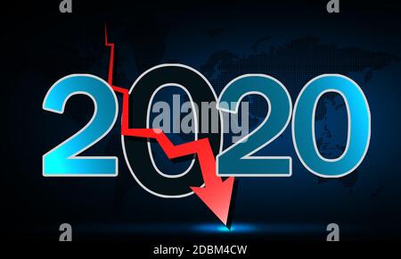 Fallender roter Pfeil und 2020 Text mit Weltkarte, 3d-Rendering Stockfoto