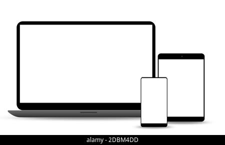 Laptop, Tablet und Telefon-Set Mockup isoliert auf weißem Hintergrund, 3d-Rendering Stockfoto