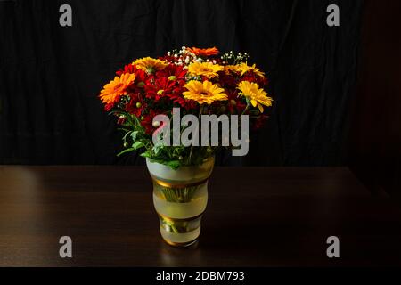 Schöne helle orange und gelbe Gerbera Blume auf dem Hintergrund von anderen roten Chrysantheme Blumen, flache DOF, selektive Fokus auf die Gerbera p Stockfoto