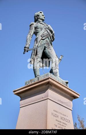 Detail des Denkmals für General Hugh Mercer aus dem Unabhängigkeitskrieg in einer Straßenküche. In Fredericksburg, Virginia. Stockfoto