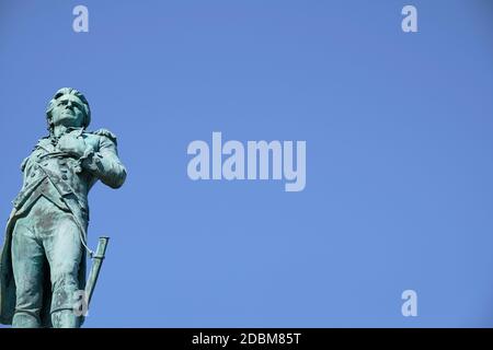 Detail des Denkmals für General Hugh Mercer aus dem Unabhängigkeitskrieg in einer Straßenküche. In Fredericksburg, Virginia. Stockfoto