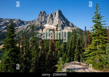 WA18162-00...WASHINGTON - Blick auf Libery Bell und die frühen Winters Spitzen vom Washington Pass aus blicken auf die North Cascades Scenic Byway. Stockfoto