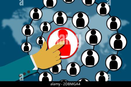 Hand drücken soziale Symbole auf blauen Hintergrund der Weltkarte, 3D-Rendering Stockfoto