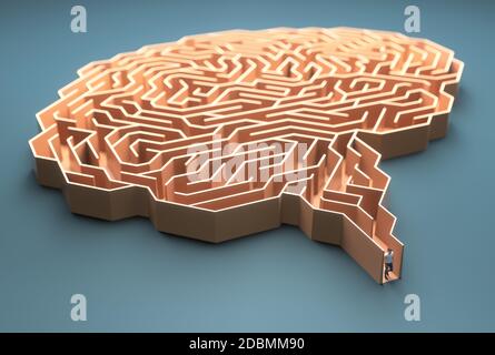 Gehirn geformtes Labyrinth. Konzeptuelles Bild von Wissenschaft und Medizin. 3D-Illustration. Stockfoto