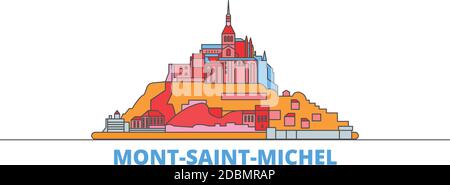 Frankreich, Mont Saint Michel und seine Bay Line Stadtbild, flache Vektor. Travel City Wahrzeichen, oultine Illustration, Linie Welt Symbole Stock Vektor