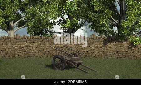 Alte Wagen vor Steinmauer und Bäumen Stockfoto