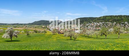 Ländliche Szene einer idyllischen Frühlingslandschaft mit Dorf