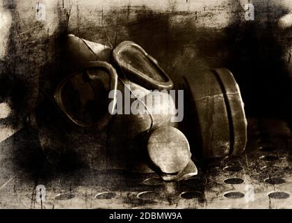 Militärische Gasmaske in dunklem Ambiente. Coronavirus, Covid19 Pandemie Prävention. Giftig, biogefährlich und Infektionsgefahr. Apokalyptisches Konzept Stockfoto