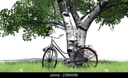 Fahrrad lehnt sich an den Baum - isoliert auf weißem Hintergrund Stockfoto