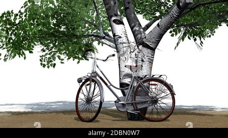 Fahrrad lehnt sich an den Baum - isoliert auf weißem Hintergrund Stockfoto