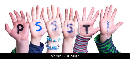 Kinder Hände Gebäude bunte Englisch Wort PSSST. Weißer Isolierter Hintergrund Stockfoto
