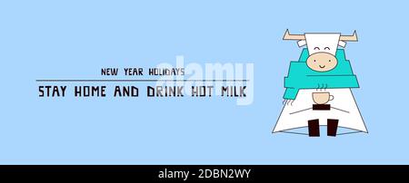 Neujahr 2021. Coronavirus COVID-19. Bleiben Sie zu Hause und trinken Sie Milch. Heiße Getränke im Winter. Weißer Ochse, Stier, Kuh. Horizontales Banner, Poster, Flyer Stock Vektor