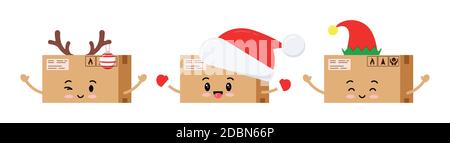 Chistmas lustige Paket-Box Zeichen-Symbol auf weißem Hintergrund isoliert. Stock Vektor