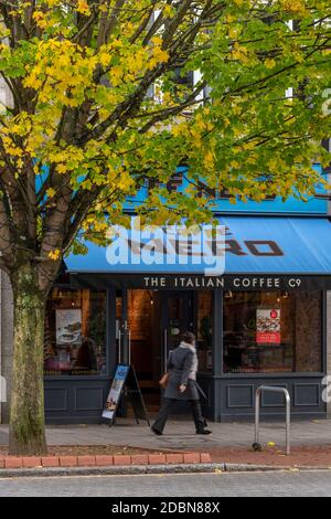 Eine High Street Filiale des Cafés nero Coffee Shop Unter einem Baum im Herbst Stockfoto