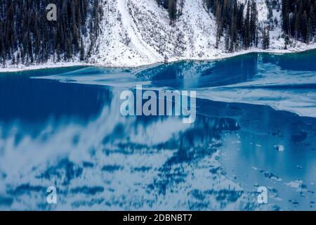 Auf dem Gletscherwasser des Peyto Lake im Banff National Park beginnt sich Eis zu bilden. Stockfoto