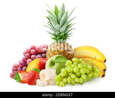 Tropische Früchte, Ananas, Trauben, Apfel, Banane, Mango, Erdbeere, Stockfoto