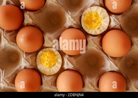 Eier in Papiertablett. Eine weich gekocht. Blick von oben. Gekochte halbierte Eier. Stockfoto