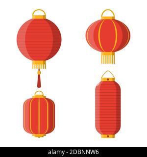 Set von asiatischen dekorativen hängenden Laternen isoliert auf weißem Hintergrund. Traditionelle Beleuchtungseinrichtungen aus Papier. Laterne für Tempel, Gärten & ot Stockfoto