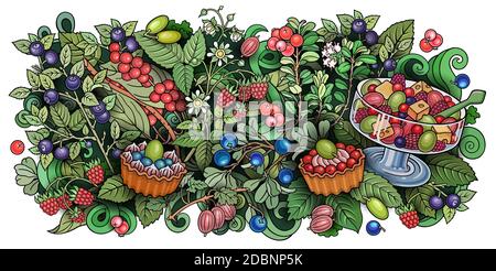 Früchte, Beeren, Süßigkeiten handgezeichnete Vektor-Doodles Illustration. Natur und Lebensmittel Elemente und Objekte Cartoon Hintergrund. Helle Farben lustige Bild Stockfoto