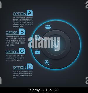 Web-Interface Infografiken mit runden Taste blau Hintergrundbeleuchtung vier Optionen Und Symbole auf Vektorgrafik mit dunklem Hintergrund Stock Vektor