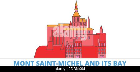Frankreich, Mont Saint Michel und seine Bay Landmark Linie Stadtbild, flache Vektor. Travel City Wahrzeichen, oultine Illustration, Linie Welt Symbole Stock Vektor