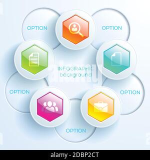 Abstraktes Diagramm Infografik Konzept mit bunten glänzenden Sechsecken Lichtkreise Und Symbole Vektordarstellung Stock Vektor