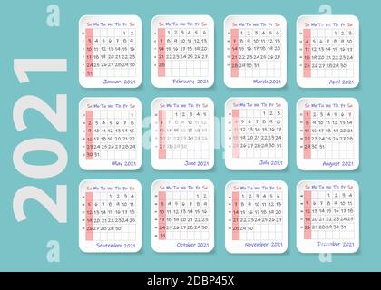 2021 Jahre Wandkalender, Woche beginnt Sonntag. Zwölf Blätter mit einem Kalender für jeden Monat des Jahres, Anzahl der Wochen und Tage des Monats. Stockfoto