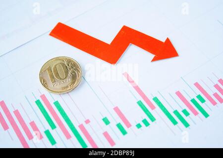 10 Rubelmünzen auf dem Währungsdiagramm mit rotem Pfeil nach unten. Wechselkurstabelle. Rubelabschreibung. Wechselkurs des Rubelfalls. Rubel zum Dollar Stockfoto