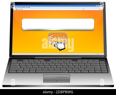 Laptop mit orangefarbener Internet-Suchmaschine und Cursor - 3D-Illustration Stockfoto