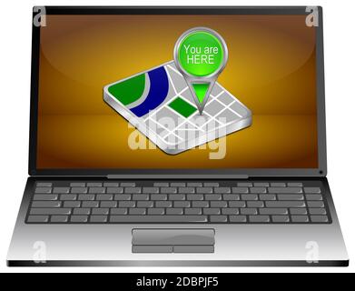 Laptop-Computer mit grün Sie sind hier Kartenzeiger auf - 3D-Illustration Stockfoto