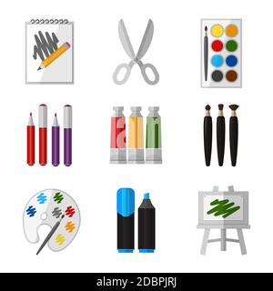 Vektor-Tool-Set für Künstler im flachen Design-Stil. Gouache und Schere, Marker und Palette und Pinsel Illustration Stock Vektor