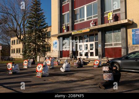 Montreal, CA - 10. November 2020: Tierrechtler protestieren gegen „Cancel Animal AG“ im CIUSSS du Centre-Sud-de-l'Ile-de-Montreal Stockfoto