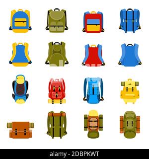 Reiserucksack, Campingrucksack und Schultasche Symbole. Reisen Wandern, Tourismus und Gepäck Vektor Illustration Stock Vektor