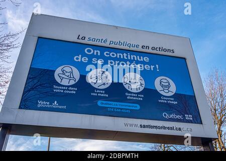 Montreal, CA - 12. November 2020 : Schild mit französischen Covid-19-Sicherheitsrichtlinien Stockfoto