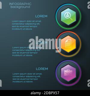 Web abstrakte Infografiken mit Business-Icons bunt glänzend Sechsecke und Ringe auf Vektorgrafik mit dunklem Hintergrund Stock Vektor