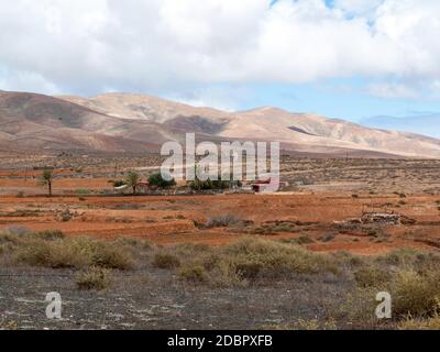 Landschaft von Feldern und Bergen in der Nähe von Antigua Dorf, Fuerteventura, Kanarische Inseln, Spanien Stockfoto