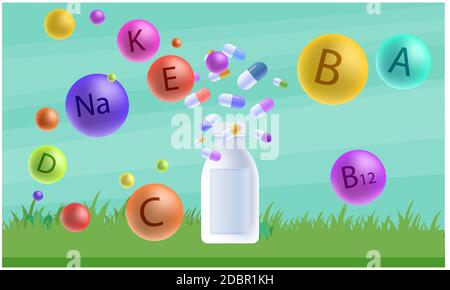 Mock-up-Illustration von Multi-Vitamin-Pillen auf abstraktem Hintergrund Stockfoto