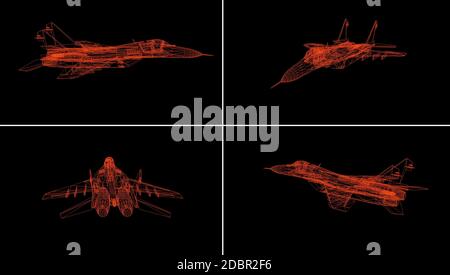 Flugzeug Drahtmodell isoliert auf schwarz - 3D Rendering Stockfoto